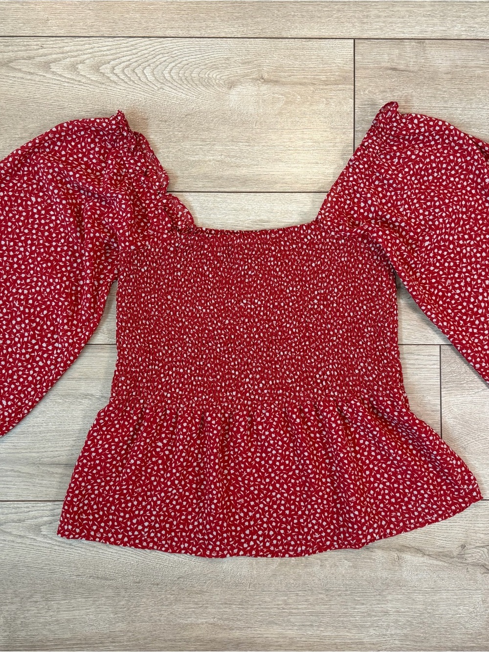 Madewell Red Smocked Puff-Sleeve Top